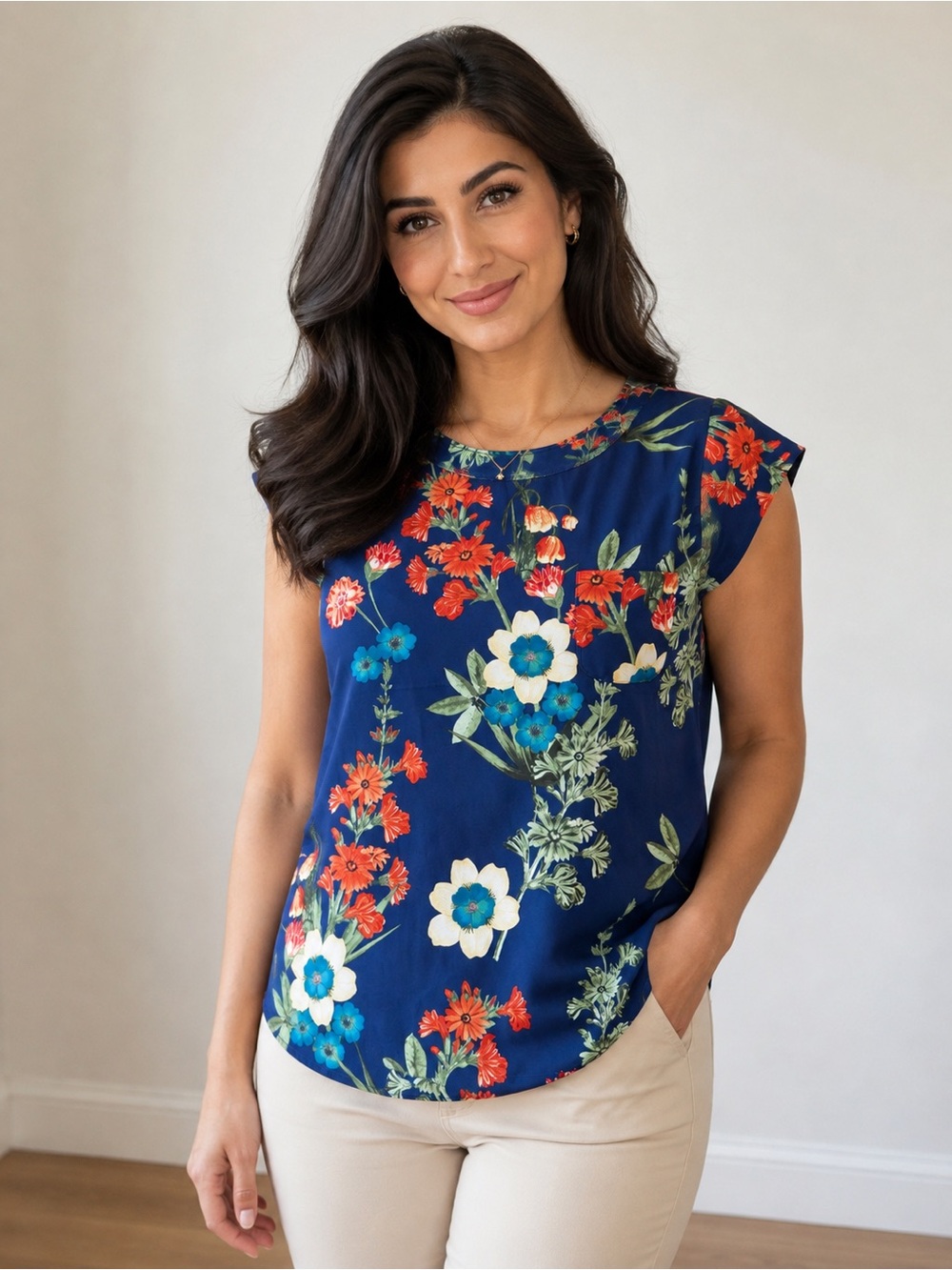 Lily White Navy Floral Cap-Sleeve Blouse